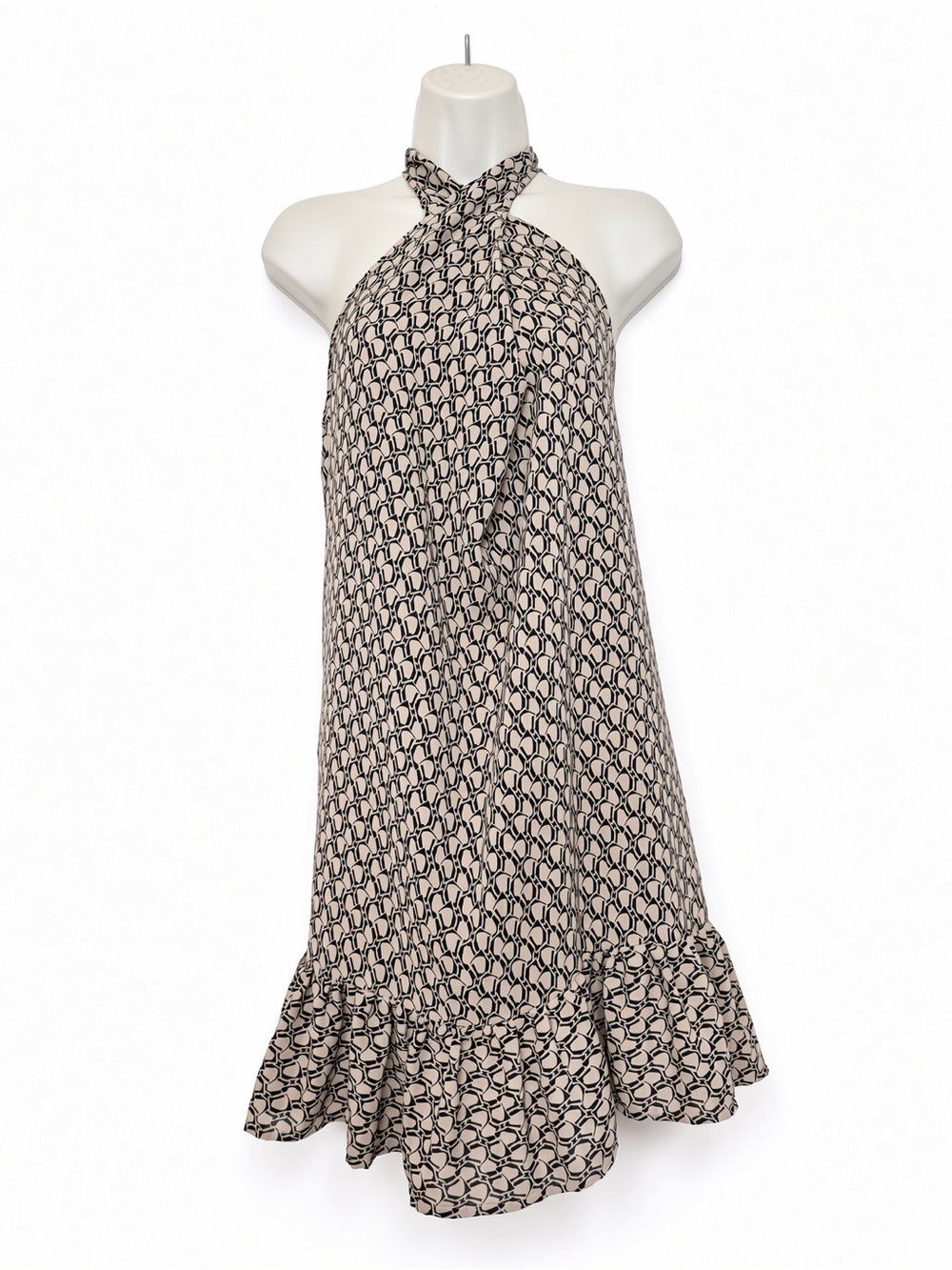 EMERY ROSE Size S Halter Mini Dress Beige Black Geometric Print Ruffle Hem